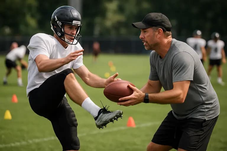 Kicker and punter practicing on a college football field