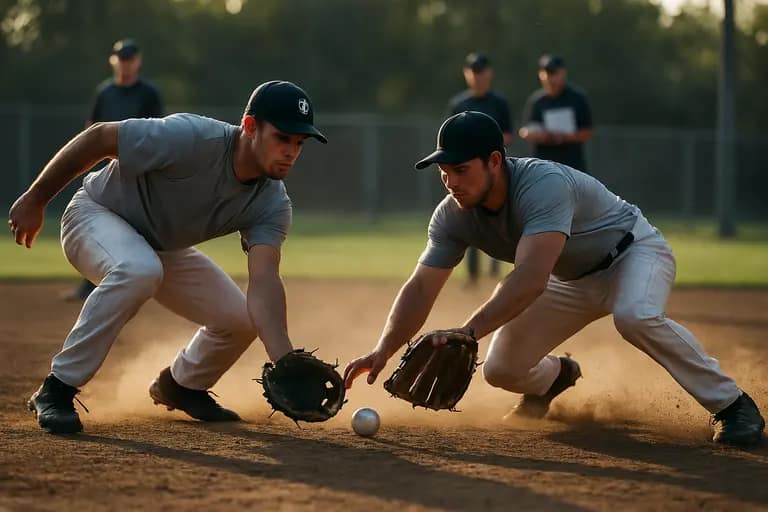Infielders taking ground balls across the diamond during pregame work