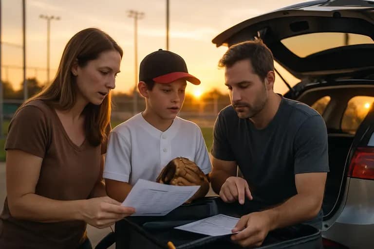Parent and player reviewing baseball camp notes beside a dugout