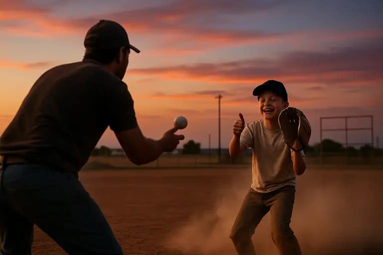 Open West Texas ballfield with players gathering for practice