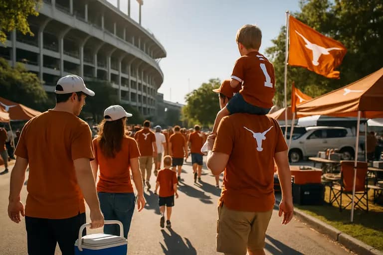 Vehicles moving through campus streets near DKR on Texas football game day