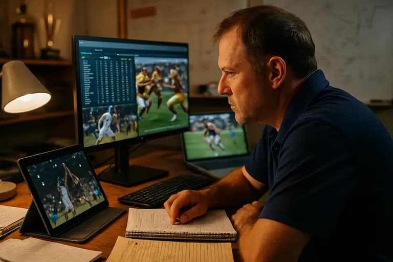 Small college baseball team practicing while staff reviews a tablet