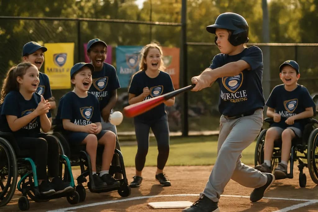 Miracle League Field in Southlake with families gathered for adaptive baseball
