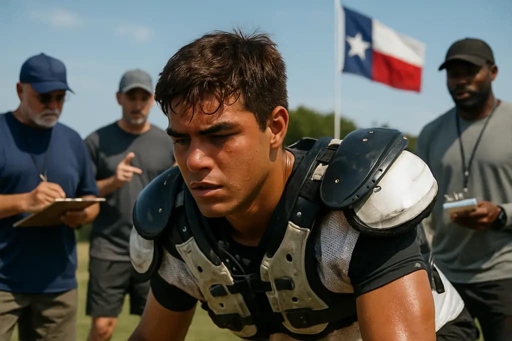 Texas Recruiting Class prospects training on a college football practice field in Austin