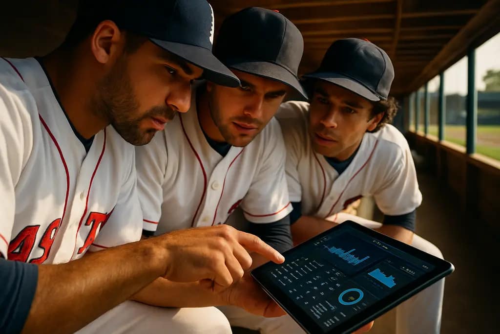 Texas Baseball Analytics staff reviewing college baseball data beside a practice field