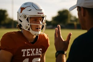 Payton Brennan Transfer graphic with Texas baseball outfielders practicing in Austin