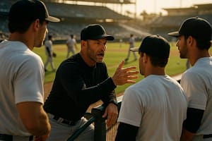 Skip Schumaker leadership discussion near a Texas Rangers dugout during pregame work