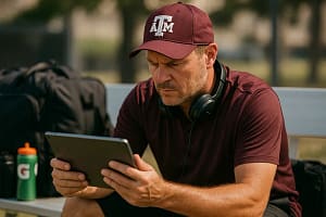 Texas A&M series notes beside a baseball scorebook and pen