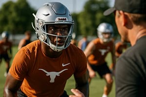 Texas Recruiting Strategy board with players training on a practice field