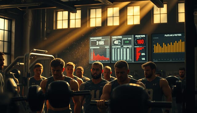 A dimly lit weight room filled with state-of-the-art exercise equipment. In the foreground, a group of college football players intently focusing on their strength training under the watchful eye of a seasoned strength and conditioning coach. Motes of chalk dust dance in shafts of golden light filtering through high windows. The players' faces are determined, bodies tense with effort as they push through grueling reps. In the background, a wall-mounted display showcases detailed player progress metrics, illustrating the meticulous data-driven approach to their development. A sense of discipline, dedication, and the relentless pursuit of athletic excellence permeates the scene.