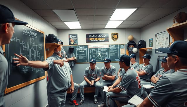 A dynamic baseball team meeting in a well-lit locker room, with coaches and players engaged in a strategic discussion. In the foreground, a middle-aged coach wearing polo and cap points at a chalkboard illustrating game plans and strategies, exuding authority and focus. In the middle, attentive players in team jerseys, seated on benches, are analyzing plays and taking notes, showing earnest dedication. The background features baseball gear, trophies, and motivational posters to emphasize a winning mindset. The atmosphere is serious yet inspiring, with soft overhead light creating a warm glow that enhances the moment of collaboration and strategic thinking, capturing the essence of mental performance in sports coaching.