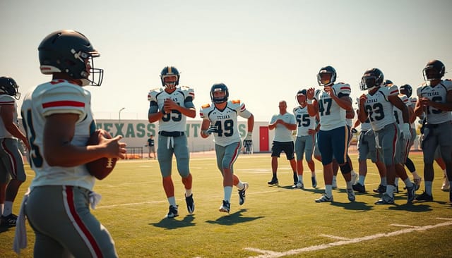 A group of Texas high school athletes, clad in jerseys and cleats, stands on a sun-dappled football field. The foreground features a quarterback surveying the field, ball in hand, with a determined expression. In the middle ground, a running back powers forward, weaving through a line of defensive players. In the background, a coach gestures animatedly, guiding the young athletes through drills. The scene is infused with a sense of dynamism and ambition, hinting at the promise of their transition to the professional ranks. The lighting is crisp and natural, capturing the essence of the Texas setting. The overall mood conveys the excitement and anticipation of these athletes as they take the first steps towards their pro careers.