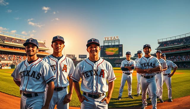 A vibrant, dynamic image showcasing the remarkable achievements of Texas college baseball alumni. In the foreground, a group of talented players in their MLB uniforms, their faces exuding confidence and determination. In the middle ground, a lush, verdant baseball diamond, the meticulously manicured grass glistening under the warm, golden hue of the afternoon sun. In the background, a towering stadium, its grandstands filled with cheering fans, celebrating the hard-earned success of these homegrown stars. Crisp, cinematic lighting illuminates the scene, capturing the energy and excitement of the moment. The overall atmosphere conveys a sense of pride, accomplishment, and the enduring legacy of Texas college baseball.