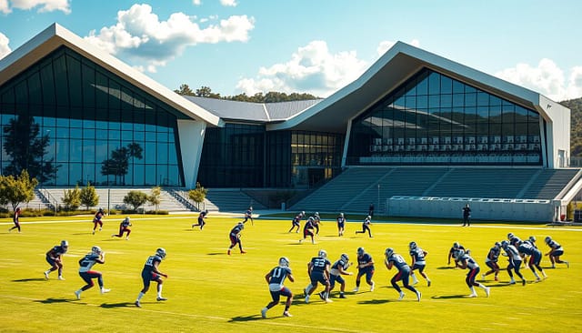 Texas football training programs facility, a state-of-the-art complex nestled amidst lush greenery. Dramatic wide-angle shot showcases the grand, angular architecture, with sweeping glass facades reflecting the azure sky. In the foreground, a group of athletes in full gear train rigorously on the pristine field, their movements captured in crisp, high-definition detail. The middle ground reveals a modern, well-equipped weight room, where players hone their physical prowess. The background features a sleek, modern locker room with gleaming lockers and amenities, exuding a sense of professionalism and dedication. Warm, natural lighting casts a golden glow, evoking a sense of pride and excellence within this elite training facility.