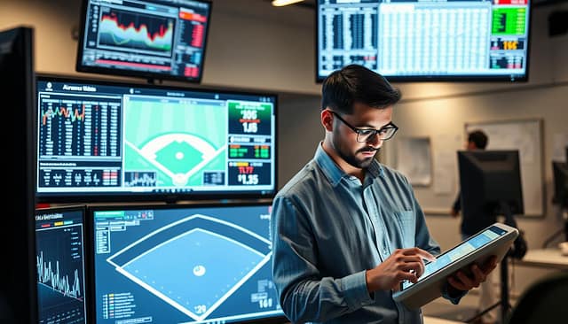 A detailed scene showcasing advanced sabermetrics technology in a baseball analytics environment, featuring high-tech computer screens displaying complex statistical graphs and charts. In the foreground, a focused data analyst, dressed in smart casual attire, examines the stats on a tablet, illuminated by a soft, analytical glow from the screens. In the middle ground, multiple monitors exhibit real-time game data and player statistics, while a digital baseball field illustration overlays the screens, providing context to the data. The background includes a modern office space with whiteboards filled with strategic notes. The lighting is bright and professional, enhancing the analytical atmosphere, captured from a slightly elevated angle to provide depth and focus on the technology and analyst engaged in their work.