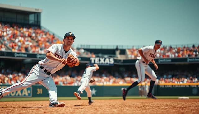 A dynamic baseball double play scene on a Texas college field, showcasing two players in action. In the foreground, a shortstop is caught mid-motion, glove outstretched to catch a ground ball, wearing a crisp team uniform with a focused, determined expression. To the side, a second baseman is positioned, ready to receive the throw, keenly anticipating the play, with a full range of baseball gear. The middle ground features a blurred but vivid backdrop of a cheering crowd and a sunlit stadium, capturing the excitement of the game. Bright, natural lighting enhances the vibrant colors of the field and uniforms. The angle is slightly low to emphasize the players' athleticism and the urgency of the moment, conveying a sense of teamwork and strategy inherent in double play tactics.