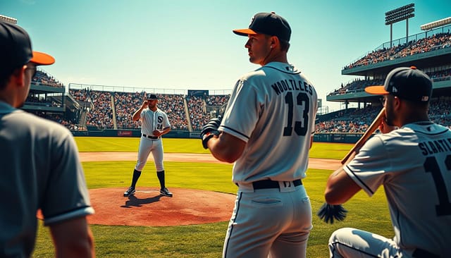 A dynamic baseball scene capturing a Texas college pitcher focusing intently on a diverse group of batters in the foreground. The pitcher, dressed in professional baseball attire, stands on the mound, holding a baseball with a determined expression. The batters, representing various backgrounds and styles, are positioned in the batter's box, analyzing the pitcher's stance. In the middle ground, a vibrant baseball field with lush green grass and a bright blue sky adds depth. The background shows a packed stadium with enthusiastic fans, cheering passionately. The lighting is warm and inviting, emulating late afternoon sunlight, casting soft shadows. The overall atmosphere conveys tension and anticipation as the pitcher prepares to make the pitch, illustrating the crucial moment of reading batters.