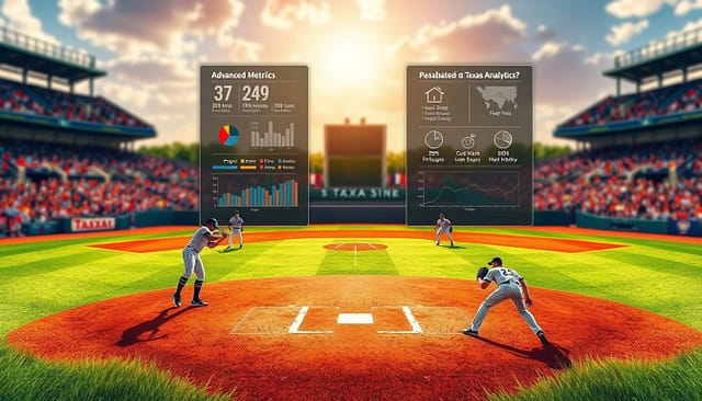 A dynamic digital illustration showcasing baseball defensive positions and analytics. In the foreground, depict an intricate baseball diamond with players in their respective positions—pitcher, catcher, infielders, and outfielders—each in focused stances, strategically aligned. The middle layer includes a transparent overlay of advanced metrics like player stats and heat maps, demonstrating defensive strategies in action. In the background, a vibrant Texas college baseball field under a sunny sky, with cheering fans blurred softly to create depth. Use bright, natural lighting to emphasize the action, capturing the intensity of the game. The composition should feel analytical yet energetic, reflecting the importance of modern analytics in winning games.