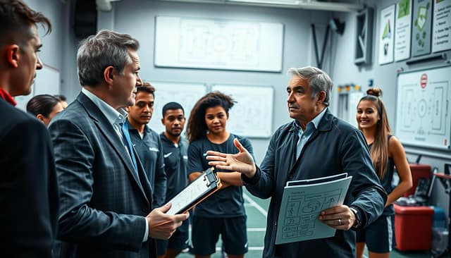 A dynamic scene depicting a coach in a professional attire using strategic hand gestures to communicate with a diverse group of players during a tactical sports meeting. In the foreground, the coach, a middle-aged individual with an intense focus, stands confidently, holding a clipboard filled with play strategies. The middle ground features attentive players, a mix of genders and ethnicities, leaning in as they absorb the coach's directions, nodding in understanding. The background shows a well-lit sports facility equipped with equipment, whiteboards filled with tactical drawings, and motivational posters. The lighting is bright and focused, creating a motivating atmosphere, while the camera angle captures the interaction at eye level, emphasizing the connection between the coach and players, embodying the essence of tactical mindset communication. A dynamic scene depicting a coach in a professional attire using strategic hand gestures to communicate with a diverse group of players during a tactical sports meeting. In the foreground, the coach, a middle-aged individual with an intense focus, stands confidently, holding a clipboard filled with play strategies. The middle ground features attentive players, a mix of genders and ethnicities, leaning in as they absorb the coach's directions, nodding in understanding. The background shows a well-lit sports facility equipped with equipment, whiteboards filled with tactical drawings, and motivational posters. The lighting is bright and focused, creating a motivating atmosphere, while the camera angle captures the interaction at eye level, emphasizing the connection between the coach and players, embodying the essence of tactical mindset communication.