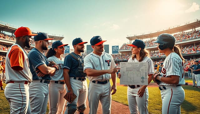 A vibrant scene capturing the evolution of Texas baseball, featuring a collage of historic and modern elements. In the foreground, a diverse group of male and female players in professional baseball attire engage in a spirited discussion, representing current college-level strategies, while a coach points to an evolving tactical chart. The middle ground showcases classic baseball memorabilia, such as vintage gloves and old photographs of legendary Texas teams, intermingled with modern athletic equipment. In the background, a sun-drenched Texas stadium filled with enthusiastic fans under a clear blue sky creates a lively atmosphere. Use soft natural lighting to enhance the warmth and nostalgia of the scene, shot from a slightly elevated angle to encompass both players and the historic context. The mood should be inspirational and reflective of Texas's rich baseball heritage.