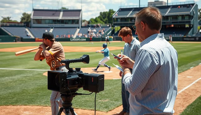 A baseball field during a sunny afternoon serves as the backdrop, showcasing a professional atmosphere. In the foreground, a camera operator in smart casual attire is capturing a young player swinging a bat, focusing on the precise angle to highlight the action. The middle ground features another player sliding into base, with an assistant meticulously noting down relevant labels for game film analysis. Behind them, stadium stands are filled with small groups of scouts, observing intently. The overall composition conveys a sense of urgency and focus, with bright, natural light illuminating the scene. The image aims to encapsulate the strategic elements of creating winning game film, emphasizing different filming angles, the ideal length of clips, and proper labeling for recruitment purposes. A baseball field during a sunny afternoon serves as the backdrop, showcasing a professional atmosphere. In the foreground, a camera operator in smart casual attire is capturing a young player swinging a bat, focusing on the precise angle to highlight the action. The middle ground features another player sliding into base, with an assistant meticulously noting down relevant labels for game film analysis. Behind them, stadium stands are filled with small groups of scouts, observing intently. The overall composition conveys a sense of urgency and focus, with bright, natural light illuminating the scene. The image aims to encapsulate the strategic elements of creating winning game film, emphasizing different filming angles, the ideal length of clips, and proper labeling for recruitment purposes.