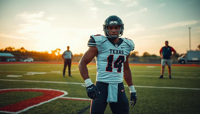 A determined Texas JUCO athlete stands at the center of a vibrant football field, showcasing strength and focus, dressed in a professional sports uniform. In the foreground, the athlete is captured in an action pose, perhaps mid-throw or running, showcasing athletic prowess. In the middle ground, a supportive coaching team is seen discussing strategies, emphasizing mentorship and development, all wearing modest sports attire. The background features an inspiring Texas sunset, casting a warm golden hue over the scene, symbolizing hope and success. The image is framed using a low-angle lens to amplify the athlete's stature against the expansive sky, creating a mood of ambition and achievement.