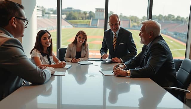 A dynamic scene capturing a head coach hiring interview in a professional setting. In the foreground, a diverse group of individuals in business attire—two alumni, a head coach candidate, and a university athletic director—are engaged in a serious discussion. The coach candidate, a middle-aged Hispanic man, sits confidently at a sleek table, while the alumni, a young woman and an older man, listen intently, taking notes. In the middle ground, a large window shows a vibrant Texas college baseball field, suggesting the context of the interview. The lighting is bright and warm, evoking a hopeful atmosphere, with soft shadows that hint at decision-making weight. The perspective is slightly angled, giving depth to the scene, emphasizing interaction and anticipation in this pivotal moment. A dynamic scene capturing a head coach hiring interview in a professional setting. In the foreground, a diverse group of individuals in business attire—two alumni, a head coach candidate, and a university athletic director—are engaged in a serious discussion. The coach candidate, a middle-aged Hispanic man, sits confidently at a sleek table, while the alumni, a young woman and an older man, listen intently, taking notes. In the middle ground, a large window shows a vibrant Texas college baseball field, suggesting the context of the interview. The lighting is bright and warm, evoking a hopeful atmosphere, with soft shadows that hint at decision-making weight. The perspective is slightly angled, giving depth to the scene, emphasizing interaction and anticipation in this pivotal moment.