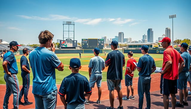 A dynamic scene depicting a baseball showcase performance analysis at a Texas athletic facility. In the foreground, a diverse group of young athletes, dressed in professional sports attire, is participating in various testing drills, including a 60-yard dash, exit velocity measurements, and pitching velocity assessments. The middle ground features coaches and scouts intently observing and taking notes, set against a backdrop of a modern baseball field, with digital scoreboards displaying statistics. The background showcases the Texas skyline under a clear blue sky, with vibrant lighting highlighting the intensity of the training atmosphere. Capture the excitement and focus of the event, accentuated by crisp, natural lighting, as if shot with a wide-angle lens, emphasizing the scale and professionalism of the showcase. A dynamic scene depicting a baseball showcase performance analysis at a Texas athletic facility. In the foreground, a diverse group of young athletes, dressed in professional sports attire, is participating in various testing drills, including a 60-yard dash, exit velocity measurements, and pitching velocity assessments. The middle ground features coaches and scouts intently observing and taking notes, set against a backdrop of a modern baseball field, with digital scoreboards displaying statistics. The background showcases the Texas skyline under a clear blue sky, with vibrant lighting highlighting the intensity of the training atmosphere. Capture the excitement and focus of the event, accentuated by crisp, natural lighting, as if shot with a wide-angle lens, emphasizing the scale and professionalism of the showcase.