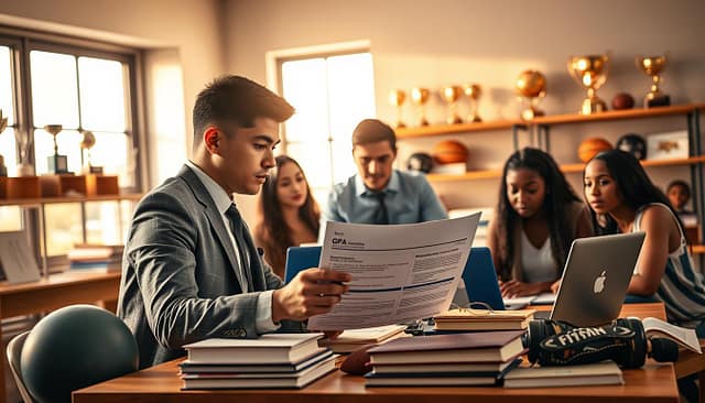 A focused image capturing the essence of "Scholarship Stacking" in the context of sports and academics, depicting a diverse group of students gathered around a table filled with books, laptops, and sports equipment. In the foreground, an engaged student in professional attire reviews a document reflecting GPA requirements, emphasizing athletic and academic intersections. The middle ground features an academic advisor guiding the students, illuminated by warm, natural light streaming in through a large window, creating an inviting atmosphere of collaboration. In the background, shelves filled with trophies and sports memorabilia subtly highlight the blend of athletics and education. The setting conveys a sense of determination and ambition, perfect for illustrating the hopeful journey towards scholarship opportunities.
