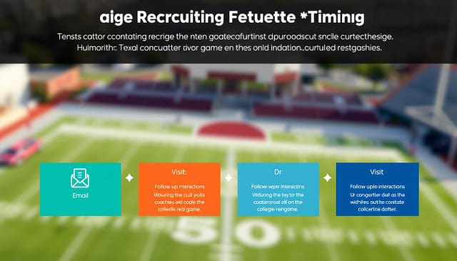 A strategic recruiting etiquette timing diagram, showcasing a structured framework for contacting Texas college coaches after games and events. The foreground features a visually organized timeline with distinct icons representing key actions: email, visit, and follow-up interactions. In the middle, there are color-coded sections indicating the ideal timing for each action, designed to guide recruiters in building relationships. The background is a soft, blurred image of a college sports field under natural daylight, evoking a sense of professionalism and focus. The atmosphere is informative yet approachable, creating an engaging visual aid for understanding the importance of timing in recruitment. The angle is slightly overhead, capturing the entire diagram clearly while maintaining a sleek, modern aesthetic.