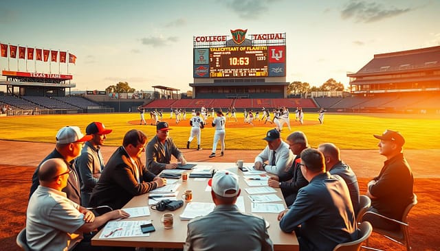 A vibrant baseball park scene at sunset, capturing the essence of college baseball program culture. In the foreground, a diverse group of coaches and team administrators, dressed in professional attire, are engaged in a strategic discussion around a table laden with player statistics and game plans. In the middle, players in jerseys and caps practice drills, showcasing teamwork and dedication. The background features the iconic Texas college stadium, with banners fluttering, and a large scoreboard displaying a recent game. Warm, golden lighting enhances the sense of camaraderie and commitment. Use a wide-angle lens to capture both the intensity of the meeting and the energetic practice, creating an atmosphere of professionalism and passion for the sport. A vibrant baseball park scene at sunset, capturing the essence of college baseball program culture. In the foreground, a diverse group of coaches and team administrators, dressed in professional attire, are engaged in a strategic discussion around a table laden with player statistics and game plans. In the middle, players in jerseys and caps practice drills, showcasing teamwork and dedication. The background features the iconic Texas college stadium, with banners fluttering, and a large scoreboard displaying a recent game. Warm, golden lighting enhances the sense of camaraderie and commitment. Use a wide-angle lens to capture both the intensity of the meeting and the energetic practice, creating an atmosphere of professionalism and passion for the sport.