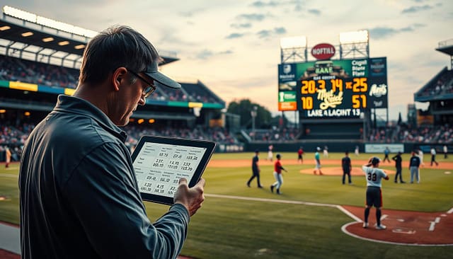 A visual representation of data integrity pitfalls in baseball recruiting, featuring a baseball stadium filled with young athletes training on the field. In the foreground, a coach reviews a digital tablet displaying inflated statistics while looking concerned. The middle ground includes players practicing, showcasing a mix of genuine effort and over-the-top performances, with some players exaggeratedly showcasing skills to impress scouts. In the background, a scoreboard displays misleading numbers, symbolizing inflated metrics. The scene is illuminated with soft stadium lights at dusk, creating a serious yet hopeful atmosphere. The overall mood suggests caution and the importance of authenticity in recruiting practices, emphasizing a professional vibe without distractions or text elements. A visual representation of data integrity pitfalls in baseball recruiting, featuring a baseball stadium filled with young athletes training on the field. In the foreground, a coach reviews a digital tablet displaying inflated statistics while looking concerned. The middle ground includes players practicing, showcasing a mix of genuine effort and over-the-top performances, with some players exaggeratedly showcasing skills to impress scouts. In the background, a scoreboard displays misleading numbers, symbolizing inflated metrics. The scene is illuminated with soft stadium lights at dusk, creating a serious yet hopeful atmosphere. The overall mood suggests caution and the importance of authenticity in recruiting practices, emphasizing a professional vibe without distractions or text elements.