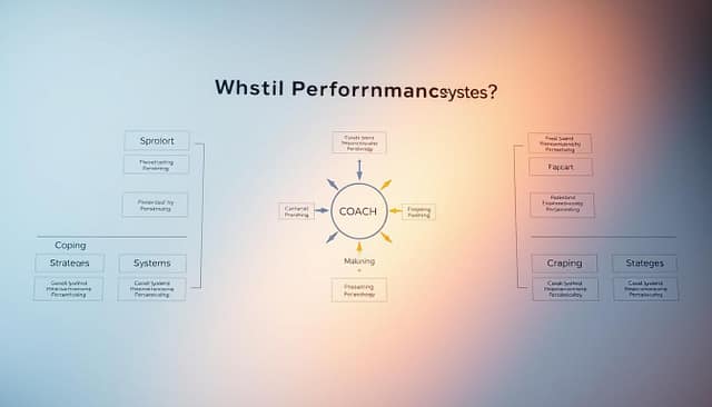 A detailed diagram illustrating a coach psychology mental performance system. In the foreground, structured sections labeled with key elements like "Coping Strategies," "Support Systems," and "Mental Training." The middle ground features interconnected links that visually represent relationships and flows, using arrows and color gradients to indicate pathways and strategies. The background is a subtle gradient of calming colors, evoking a sense of focus and clarity. Soft lighting highlights the diagram, creating depth and ensuring visibility of all components. The overall atmosphere is professional and motivating, designed to inspire coaches. The lens should convey a clear view, capturing the details without distractions, suitable for an educational context.