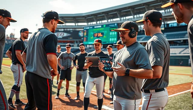 A dynamic baseball training scene showcasing innovative tactical changes. In the foreground, a diverse group of dedicated athletes, dressed in professional athletic gear, practices cutting-edge drills with technology, such as wearable devices and advanced training equipment. In the middle ground, a passionate coach demonstrates specific techniques with a tablet in hand, selecting data-driven metrics displayed on the screen. The background reveals a modern baseball field under bright natural lighting, with a digital scoreboard indicating performance stats. The overall atmosphere is energetic and forward-thinking, capturing the essence of evolving training methods in college baseball. The image, shot from a slightly low angle, emphasizes teamwork and modernity, reflecting the transformation within the sport.