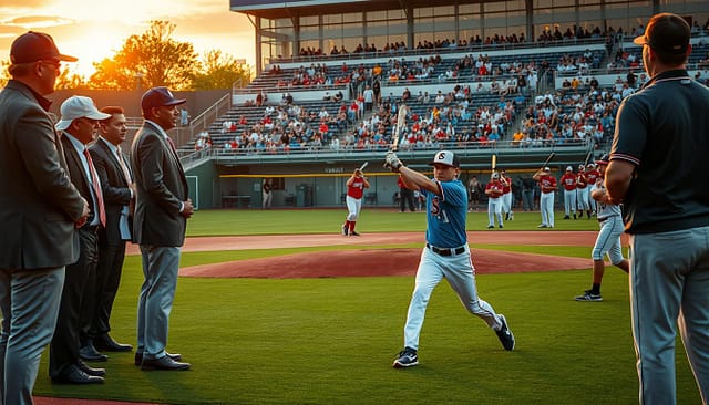 A dynamic scene capturing the essence of college baseball recruiting culture. In the foreground, a group of diverse coaches in business attire, engaged in animated discussions, reflects a competitive spirit. In the middle ground, aspiring athletes—dressed in athletic gear—are demonstrating skills on a pristine baseball field, showcasing pitching and batting techniques. In the background, stands filled with enthusiastic supporters creating a vibrant atmosphere. The sun sets, casting a warm golden light, illuminating the players and coaches, adding a motivational tone. The overall mood is energetic and competitive, highlighting teamwork and ambition in the pursuit of top talent within Texas college baseball programs.