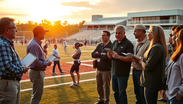 A dynamic scene depicting a collegiate scouting event, focusing on several professional alumni and coaches evaluating young athletes. In the foreground, a diverse group of alumni in smart casual clothing engage in animated discussions, holding clipboards and digital tablets, while a coach points toward an athlete demonstrating skills on a nearby field. The middle ground features a set of college sports facilities and the buzzing activity of aspiring athletes showcasing their talents, with a few scouts capturing footage. In the background, an inviting Texas sunset casts warm hues over the scene, enhancing the competitive yet supportive atmosphere. The image is well-lit with a mix of natural light and soft artificial illumination, captured from a slightly elevated angle to include the surrounding environment. The mood conveys determination, collaboration, and the excitement of talent discovery.