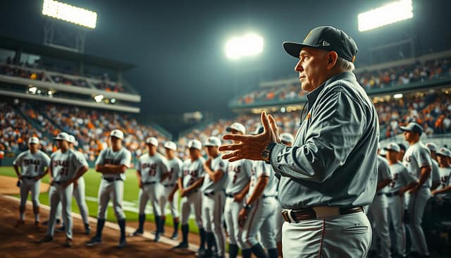 A tense and energetic scene capturing a Texas college baseball game under bright stadium lights during a high-stakes moment. In the foreground, a coach in professional attire stands with an intense expression, strategizing and gesturing animatedly towards his team. In the middle ground, players in baseball uniforms are poised, ready to take on the challenge, showcasing determination and focus. The background features a packed stadium, with fans on the edge of their seats, their excitement creating a vibrant atmosphere. The lighting is dynamic, illuminating the players and casting dramatic shadows, enhancing the sense of urgency. The camera angle is slightly low to emphasize the action and intensity, conveying the pressure and passion involved in college athletics.