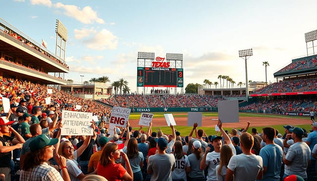 A vibrant college baseball stadium in Texas filled with enthusiastic spectators, capturing the essence of college baseball culture. In the foreground, a diverse group of students, dressed in school colors and modest casual attire, passionately cheering with signs indicating attendance trends. In the middle ground, a scoreboard displaying enhancing attendance data charts, surrounded by lively student sections with stands packed with fans showcasing their school pride. The background features a sunny Texas sky, with palm trees swaying gently, creating an inviting atmosphere. The image is bathed in warm afternoon light, shot from a slightly elevated angle to showcase the buzz of the crowd and the energy of the game, evoking a sense of community and excitement surrounding college baseball.