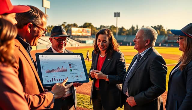 A vibrant scene depicting a Texas college baseball program's donor culture, showcasing engaged alumni in professional attire interacting with a digital transparent reporting dashboard. In the foreground, diverse alumni are gathered around a sleek tablet displaying analytics and fundraising data, with one person explaining their impact. The middle ground features a baseball diamond, players practicing in the background, illustrating the program. The atmosphere is dynamic and inspiring, with warm afternoon sunlight illuminating the scene, creating a hopeful and encouraging mood. The shot is taken from a slightly elevated angle, focusing on both the alumni's expressions of passion and the detailed data. Rich colors highlight the college’s branding, enhancing the sense of community and support in athletic development.