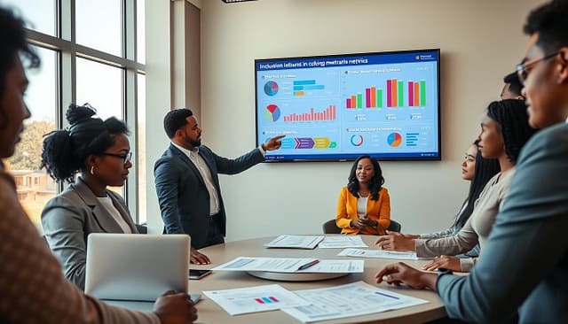 A detailed and professional scene illustrating a diverse group of individuals in a modern office setting, actively tracking metrics related to inclusion initiatives for a college baseball program. In the foreground, a Black woman in business attire analyzes data on a laptop, while a Hispanic man beside her gestures towards a large wall-mounted screen displaying colorful graphs and statistics about first-time attendees, return intent, and donations. In the middle, a round table with documents and charts adds depth, surrounded by colleagues of various ethnicities engaged in discussion. The background features large windows showing a sunny afternoon outside, creating a bright and inviting atmosphere. The lighting should be warm and focused, emphasizing collaboration and productivity, captured with a slight tilt to add dynamism to the composition.