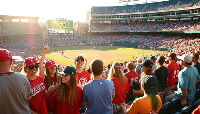 A lively college baseball game set at a sunlit Texas stadium, capturing the essence of fan etiquette and traditions. In the foreground, a diverse group of enthusiastic fans dressed in team colors—caps, jerseys, and face paint—engaging in friendly cheers, showcasing signs and banners. The middle ground features a packed student section, with some fans leading a chant, while others sit attentively, embodying the spirit of respect and camaraderie. The background shows the baseball field, with players warming up and the scoreboard illuminated. The scene is bathed in vibrant afternoon light, creating a warm and inviting atmosphere, reflecting the joyful camaraderie of college sports culture. Use a wide-angle lens to capture the scale of the crowd and the excitement of the game.