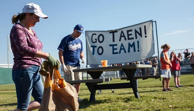 A lively community service scene depicting a group of diverse parents and booster club members actively engaged in a baseball field cleanup. In the foreground, a middle-aged woman wearing a baseball cap and gloves picks up litter, while a younger dad, dressed in a team jersey and khakis, is assembling a picnic table. In the middle ground, a pair of volunteers, a teenage girl and a young boy, are painting a "Go Team!" banner, showcasing teamwork. The background features a sunny blue sky, with a baseball diamond and cheering fans, creating an atmosphere of community spirit and collaboration. Soft afternoon light casts gentle shadows, creating a warm and inviting mood, captured with a slightly wide-angle lens to emphasize inclusivity and engagement.
