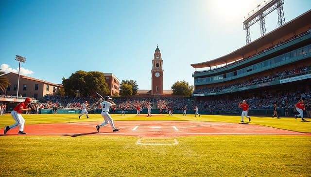 A vibrant baseball diamond set against the backdrop of a classic Texas college campus. In the foreground, players in crisp uniforms take the field, bats in hand, faces focused with determination. The sun casts a warm glow across the scene, illuminating the manicured grass and freshly chalked baselines. In the middle ground, spectators fill the stands, cheering on their team with fervent enthusiasm. The university's iconic clock tower rises in the distance, framed by a cloudless azure sky. The atmosphere is electric, capturing the spirit of next week's highly anticipated college baseball matchup. A vibrant baseball diamond set against the backdrop of a classic Texas college campus. In the foreground, players in crisp uniforms take the field, bats in hand, faces focused with determination. The sun casts a warm glow across the scene, illuminating the manicured grass and freshly chalked baselines. In the middle ground, spectators fill the stands, cheering on their team with fervent enthusiasm. The university's iconic clock tower rises in the distance, framed by a cloudless azure sky. The atmosphere is electric, capturing the spirit of next week's highly anticipated college baseball matchup.