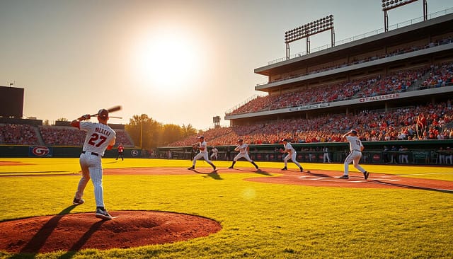 Texas college baseball team players performing on the field, the sun shining brightly overhead, casting warm golden light across the scene. In the foreground, a pitcher winds up, the ball leaving his hand in a blur. Outfielders race to cover ground, their cleats kicking up dirt as they chase down a fly ball. In the middle ground, batters step up to the plate, bats raised, ready to make contact. The infield bustles with activity, players deftly handling ground balls and turning double plays. In the background, the stadium rises, its towering stands filled with cheering fans, their voices a roar of support for their team. Texas college baseball team players performing on the field, the sun shining brightly overhead, casting warm golden light across the scene. In the foreground, a pitcher winds up, the ball leaving his hand in a blur. Outfielders race to cover ground, their cleats kicking up dirt as they chase down a fly ball. In the middle ground, batters step up to the plate, bats raised, ready to make contact. The infield bustles with activity, players deftly handling ground balls and turning double plays. In the background, the stadium rises, its towering stands filled with cheering fans, their voices a roar of support for their team.