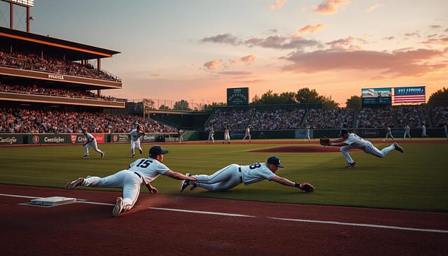 A baseball stadium at dusk, the field bathed in warm, golden light. On the infield, players in crisp uniforms dive and slide, their gloves flashing as they make spectacular defensive plays. High-speed cameras capture the action, freezing every contour, every muscle strain, every inch of the ball's trajectory. Slow-motion replays reveal the precise timing and technique that define college baseball's elite defenders. Fans in the stands lean forward, captivated by the defensive wizardry unfolding before them. The air crackles with anticipation, the roar of the crowd a symphony to the athletes' graceful movements. A baseball stadium at dusk, the field bathed in warm, golden light. On the infield, players in crisp uniforms dive and slide, their gloves flashing as they make spectacular defensive plays. High-speed cameras capture the action, freezing every contour, every muscle strain, every inch of the ball's trajectory. Slow-motion replays reveal the precise timing and technique that define college baseball's elite defenders. Fans in the stands lean forward, captivated by the defensive wizardry unfolding before them. The air crackles with anticipation, the roar of the crowd a symphony to the athletes' graceful movements.