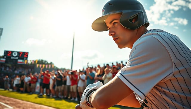 A dramatic scene capturing the intensity of a college baseball game during a crucial turning point. In the foreground, a dynamic close-up of a player in a baseball uniform, focused and determined, gripping a bat as he prepares for a pitch. The player's expression reflects tension and anticipation. In the middle ground, a row of spectators stands up, their faces filled with excitement and hope, some raising their hands in cheers. The background features a vibrant stadium with cheering fans, colorful banners, and the scoreboard displaying a tight score. The lighting is bright, emphasizing the action, with a lens flare effect capturing the energy of a warm afternoon. The overall mood is electric, filled with passion and the thrill of competition. A dramatic scene capturing the intensity of a college baseball game during a crucial turning point. In the foreground, a dynamic close-up of a player in a baseball uniform, focused and determined, gripping a bat as he prepares for a pitch. The player's expression reflects tension and anticipation. In the middle ground, a row of spectators stands up, their faces filled with excitement and hope, some raising their hands in cheers. The background features a vibrant stadium with cheering fans, colorful banners, and the scoreboard displaying a tight score. The lighting is bright, emphasizing the action, with a lens flare effect capturing the energy of a warm afternoon. The overall mood is electric, filled with passion and the thrill of competition.