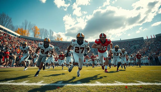 A dynamic college football stadium on a crisp autumn day, the field filled with talented young players showcasing their skills. In the foreground, a wide-angle lens captures the intense expressions of breakout freshmen as they sprint, leap, and collide, their jerseys fluttering in the breeze. The middle ground features the roaring crowd, their faces alight with excitement, while the background frames the scene with the towering stadium architecture and a vibrant, sun-dappled sky. The overall mood is one of energy, determination, and the thrill of witnessing the rise of the next generation of college football stars. A dynamic college football stadium on a crisp autumn day, the field filled with talented young players showcasing their skills. In the foreground, a wide-angle lens captures the intense expressions of breakout freshmen as they sprint, leap, and collide, their jerseys fluttering in the breeze. The middle ground features the roaring crowd, their faces alight with excitement, while the background frames the scene with the towering stadium architecture and a vibrant, sun-dappled sky. The overall mood is one of energy, determination, and the thrill of witnessing the rise of the next generation of college football stars.