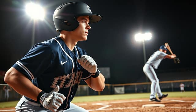 A dynamic scene depicting a college baseball player in a batting stance, focused and poised to steal a base. The player wears a navy blue jersey with bright white accents, showcasing the school's emblem, and their helmet is slightly tilted to the side. In the foreground, the player's determined expression captures the excitement of the moment. In the middle ground, the catcher is in an athletic crouch behind home plate, eyeing the runner, while a pitcher winds up in the background, ready to deliver the pitch. The bright stadium lights create dramatic shadows, enhancing the intensity of the action. The overall mood is charged with energy and anticipation, emphasizing the aggressive strategy of base stealing and running. The angle is slightly low to emphasize the height of the players and captures the urgency of the game. A dynamic scene depicting a college baseball player in a batting stance, focused and poised to steal a base. The player wears a navy blue jersey with bright white accents, showcasing the school's emblem, and their helmet is slightly tilted to the side. In the foreground, the player's determined expression captures the excitement of the moment. In the middle ground, the catcher is in an athletic crouch behind home plate, eyeing the runner, while a pitcher winds up in the background, ready to deliver the pitch. The bright stadium lights create dramatic shadows, enhancing the intensity of the action. The overall mood is charged with energy and anticipation, emphasizing the aggressive strategy of base stealing and running. The angle is slightly low to emphasize the height of the players and captures the urgency of the game.