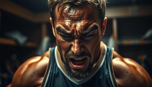A gritty, up-close portrait of an athlete's raw, resilient post-game reaction. In the foreground, a sweaty, determined face etched with exhaustion, eyes burning with a fierce, unwavering gaze. The middle ground captures the athlete's powerful, muscular physique, jersey crumpled and damp, conveying the physical toll of competition. The background is a blurred, moody locker room, with muted lighting casting dramatic shadows, evoking the emotional intensity of the moment. The overall mood is one of unshakable resolve, a testament to the athlete's indomitable spirit in the face of adversity. A gritty, up-close portrait of an athlete's raw, resilient post-game reaction. In the foreground, a sweaty, determined face etched with exhaustion, eyes burning with a fierce, unwavering gaze. The middle ground captures the athlete's powerful, muscular physique, jersey crumpled and damp, conveying the physical toll of competition. The background is a blurred, moody locker room, with muted lighting casting dramatic shadows, evoking the emotional intensity of the moment. The overall mood is one of unshakable resolve, a testament to the athlete's indomitable spirit in the face of adversity.