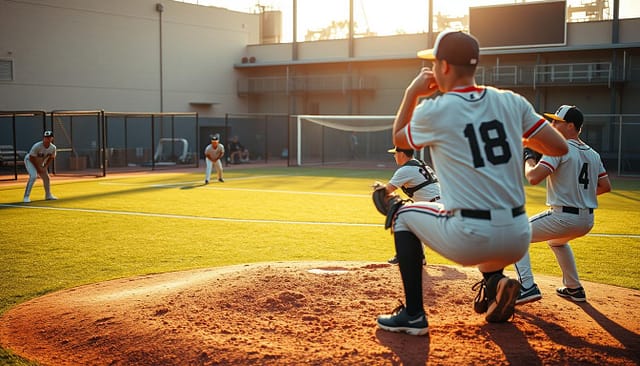 A group of baseball players diligently practice their strikeout techniques on a well-lit mound. In the foreground, a pitcher winds up, their muscles taut as they prepare to release a blazing fastball. In the middle ground, catchers crouch behind home plate, ready to receive the pitches and evaluate their velocity and movement. The background features a backdrop of batting cages and other training equipment, creating a sense of a comprehensive pitching development facility. The scene is bathed in warm, golden light, evoking a sense of focus and determination as the players hone their skills. The camera captures the moment with a shallow depth of field, drawing the viewer's eye to the central action on the mound. A group of baseball players diligently practice their strikeout techniques on a well-lit mound. In the foreground, a pitcher winds up, their muscles taut as they prepare to release a blazing fastball. In the middle ground, catchers crouch behind home plate, ready to receive the pitches and evaluate their velocity and movement. The background features a backdrop of batting cages and other training equipment, creating a sense of a comprehensive pitching development facility. The scene is bathed in warm, golden light, evoking a sense of focus and determination as the players hone their skills. The camera captures the moment with a shallow depth of field, drawing the viewer's eye to the central action on the mound.